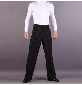 Men's youth black striped latin ballroom dance pants modern salsa waltz tango foxtrot dancing long trousers for man